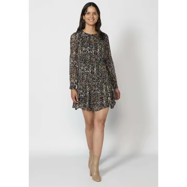 Koroshi Vestido corto de manga larga con estampado floral color negro para mujer | Moda Actual - 1