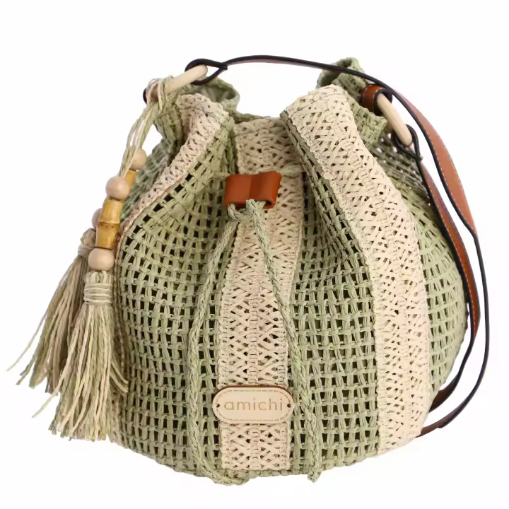 Bolso de hombro para mujer AMICHI Tera de rafia camel con cierre magnético y cordón - 1