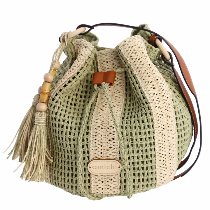 Bolso de hombro para mujer AMICHI Tera de rafia camel con cierre magnético y cordón - 1