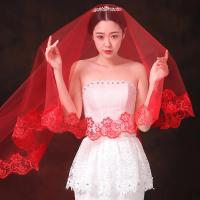 Velo De Novia Rojo Para Mujer Y Niña En Halloween Con Borde De Encaje Aplicado Velo Corto De Boda Un Capa Accesorios De Boda - details 2