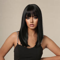 Pelucas Sintéticas Negras Con Franja Bob Larga Media Natural Para Mujer Peluca De Cosplay Resistente Al Calor Uso Diario - details 4