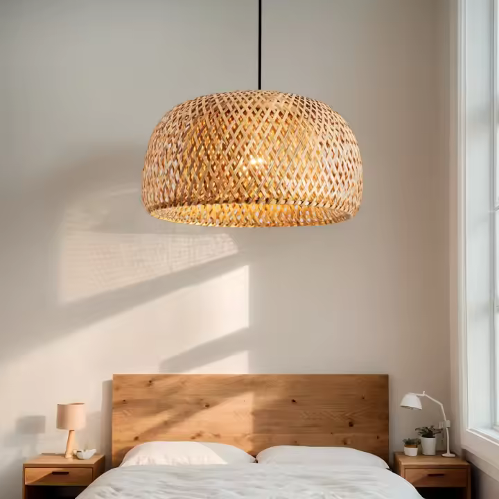 Lámpara Colgante De Estilo Boho Chic Hecha a Mano Con Sombrilla De Tela Y Techo De Rattan Luz De Techo De Montaje En Plano Farmhouse Sin Fuente Incluida - 1