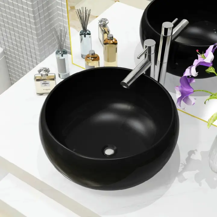 vidaXL LAVABO REDONDO DE CERÁMICA NEGRO 40X15 CM - 1