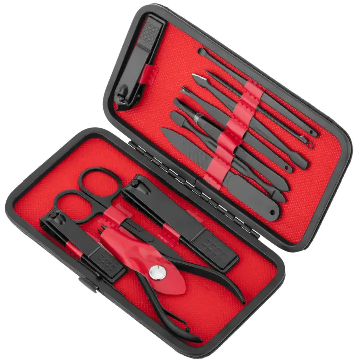 Kit de estuche de manicura y pedicura profesional set de 12 accesorios de acero inoxidable color negro - PrimeMatik - 1