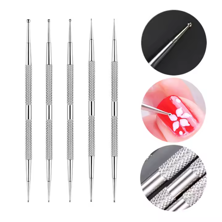 5Pcs Herramientas De Manicura Artísticas Con Pincel De Acabado En Punta Doble Para Dibujar Y Recoger Diamantes En Uñas Material De Acero Inoxidable - 1