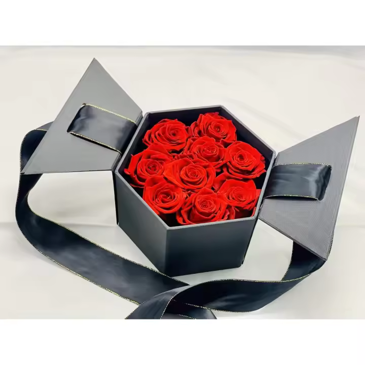 Rosas Rojas preservadas en Caja de Regalo con Lazo - Rosas eternas Regalo Día de la madre - San Valentín - Flores preservadas en Caja hexagonal (9 rosas) - 1