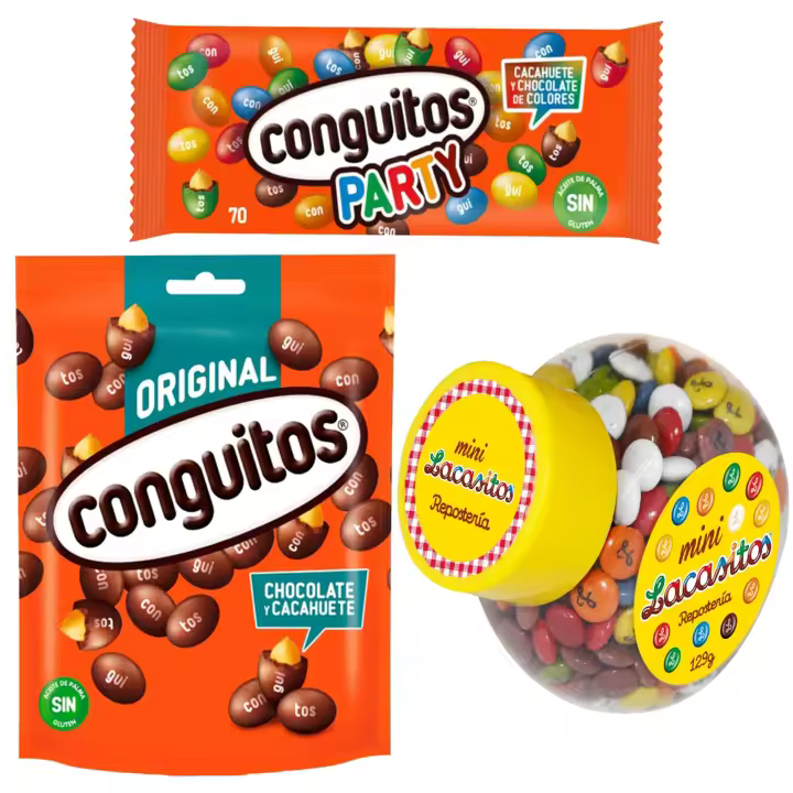 Pack Conguitos party bolsa 70g,Conguitos negros doypack 220g,Lacasitos mini color bote 129g, - 1