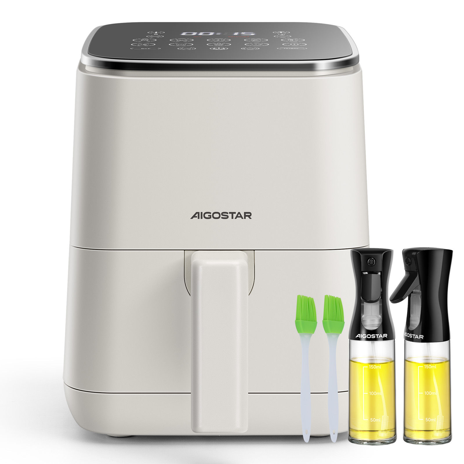 Combo Freidora de Aire 1200W 2L + 2 Pulverizadores de Aceite Spray,  8 Programas, Pantalla LED, Temperatura de 80-200℃, Temporizador de 60 Min, BPA-Free, AIGOSTAR