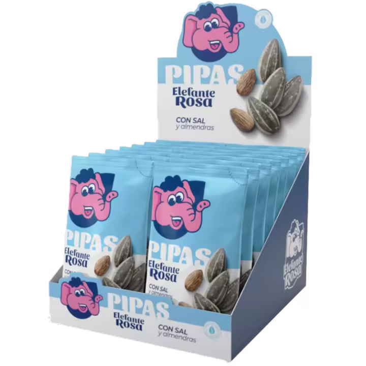 Pipas con sal y almendras Elefante Rosa - Caja de 14 unidades x 120g - Doña Pipa Familiar - 1