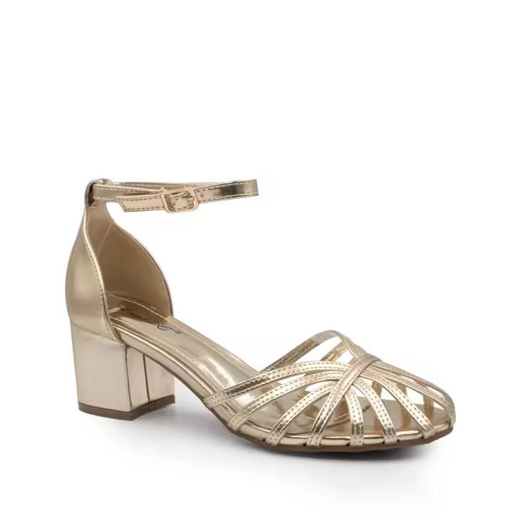 Sandalias con Tacón Ancho y Punta Abierta para Mujer - Zapatos Elegantes con Correa Dorada - 1