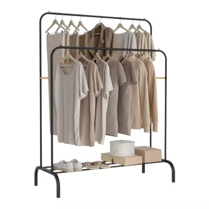 Perchero estanteria para Ropa Resistente con Ruedas, Perchero Portátil De Metal con Doble Riel Y Estante De Almacenamiento De 2 Capas, Percha Independiente para Dormitorio, Sostiene 40 Kg (ROPA-001 1790 D1) - 1