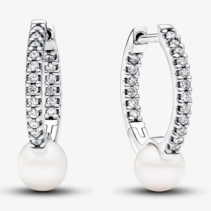 Pandora Pendientes de Aro en Plata de Ley Perla Abrazo Brillante，Incluye Caja Original - 1