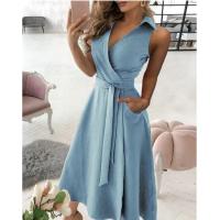 Vestido Largo Casual De Verano Para Mujer Tallas S-2XL V-Neck Sin Mangas Elegante Con Cinturón Estilo A-Line Color Sólido - details 3