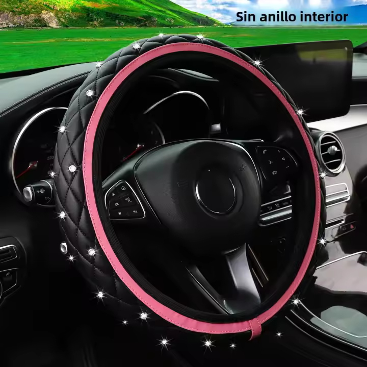 Cubierta De Volante De Coche Con Diamantes Bordados En Cuero PU Para 14.5-15 Pulgadas Accesorios Automotrices Brillantes Y Estéticos - 1