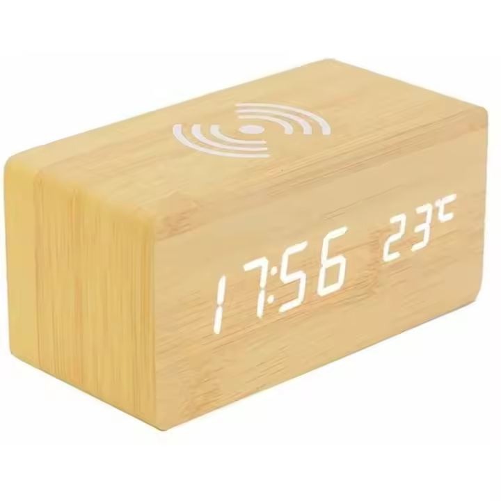 PORCHEDDU Termómetro digital Despertador digital de Madera LED with Cargador inalámbrico, Despertador de Madera con Cargador de inducción Cargador inalámbrico para dormitorio/Oficina - 1