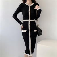 Vestido De Suéter Para Mujer 2024 Otoño Invierno Manga Larga Elegante Color Negro Midi Patchwork A-Line Estilo Casual - details 4