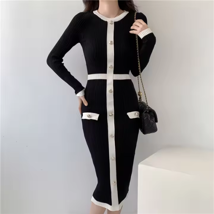 Vestido De Suéter Para Mujer 2024 Otoño Invierno Manga Larga Elegante Color Negro Midi Patchwork A-Line Estilo Casual - 1