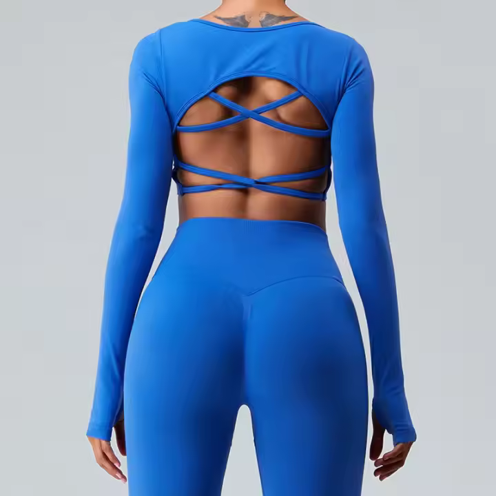 Top Deportivo De Manga Larga Para Mujer Sexy Cruzado En La Espalda Rápido Secado Yoga Gimnasio Entrenamiento Crop Top Casual - 1