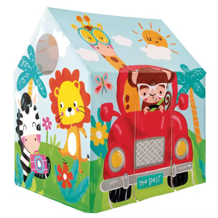 INTEX- Casita infantil juegos, 95x75x107 cm, diseño animales colorido, estructura con varillas de plástico, vinilo resistente en una sola pieza, ventana y puerta, montaje fácil, juego simbólico, niños 3 a 6 años, uso en exterior o interior - 1