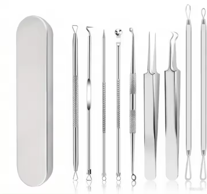 Kit Profesional De 9 Piezas Para Eliminar Quistes Y Puntos Negros Con Pinzas De Acero Inoxidable Y Estuche De Viaje Para Extractor De Acné Para Rostro Y Nariz - 1