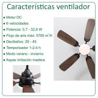 VZLED - Ventilador de techo 107 cm 42" con luz led regulable y control remoto - Motor DC silencioso, 6 velocidades, giro reversible, color negro e imitación madera - details 0