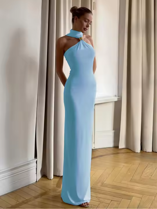 Vestido Maxi Sin Mangas De Halsk Para Mujer Kliou Estilo Clásico De Cuello Alto Alta Calidad Polyester Spandex Vestidos Elegantes Para Noche - 1