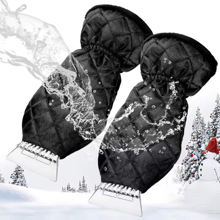 Raspador de hielo anticongelante para automóvil con guante, revestimiento impermeable y calefaccionado, rascador de nieve para parabrisas, banda de goma incluida, 2 piezas - 1