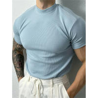 Camiseta De Hombre Elástica Y Cómoda Para Primavera Y Verano Con Cuello Alto Y Rayas Camiseta Deportiva Casual Con Mangas Cortas Para Fitness - details 7