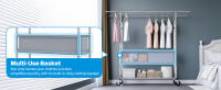 Perchero con ruedas de alta resistencia, doble barra para ropa, soporta hasta 283 kg, diseño industrial, perchero con estante y cesta para la ropa, longitud y altura extensibles - details 2