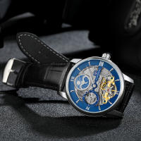 Reloj Mecánico Forsining De Lujo Con Esqueleto Y Tourbillon Para Hombres Con Correa De Cuero Genuino Zona Horaria Dual Fase De La Luna Resistente Al Agua Y Shock - details 6