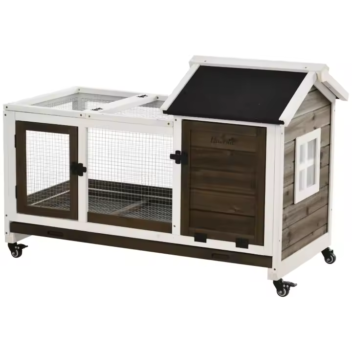 PawHut Conejera de Madera con Ruedas Jaula para Conejos con Techo Abatible y Bandeja Extraíble Conejera para Interior y Exterior 108x58x73,5 cm - 1