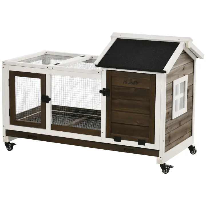 PawHut Conejera de Madera con Ruedas Jaula para Conejos con Techo Abatible y Bandeja Extraíble Conejera para Interior y Exterior 108x58x73,5 cm - 1