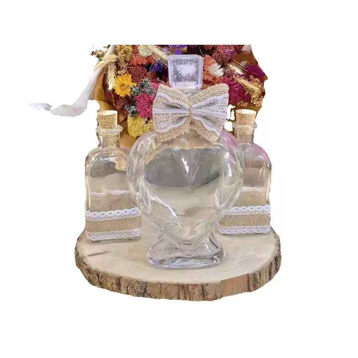 Set de 4 piezas para Ritual de la arena - Jarrones en forma de corazón con lazo de arpillera, rodaja de madera, jarrones de cristal - regalos para bodas - 1
