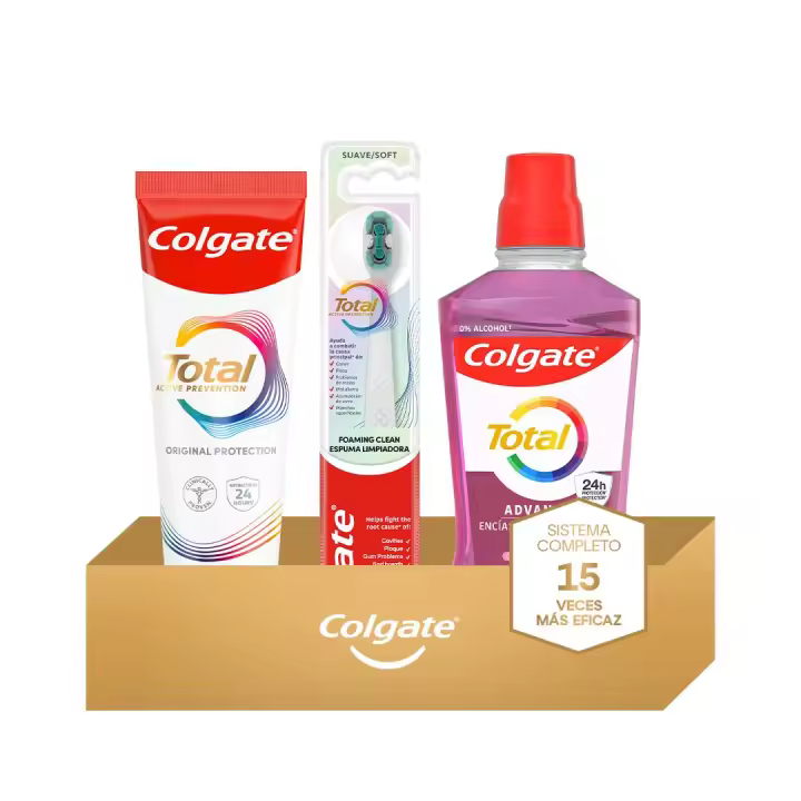 Pack Rutina Completa de Cuidado Bucal Colgate Total: Pasta de Dientes Prevención Activa 75ml, Cepillo Suave Espuma Limpiadora 1UD y Enjuague Encias Sanas 500ml - 1
