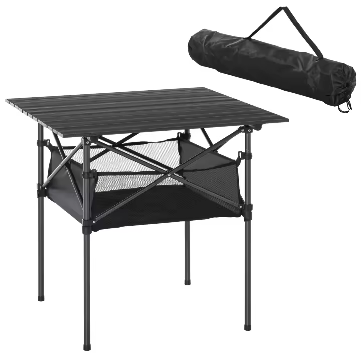 Outsunny Mesa de Camping Plegable Mesa de Picnic con Espacio Almacenaje de Malla y Bolsa de Transporte para Jardín Patio Exterior 70x70x69 cm - 1