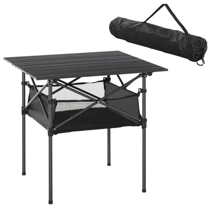 Outsunny Mesa de Camping Plegable Mesa de Picnic con Espacio Almacenaje de Malla y Bolsa de Transporte para Jardín Patio Exterior 70x70x69 cm - 1