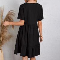 Women's short sleeve V-neck pleated dress, elegant beach dress, simple and comfortable clothing, monochrome A-line skirt - details 2