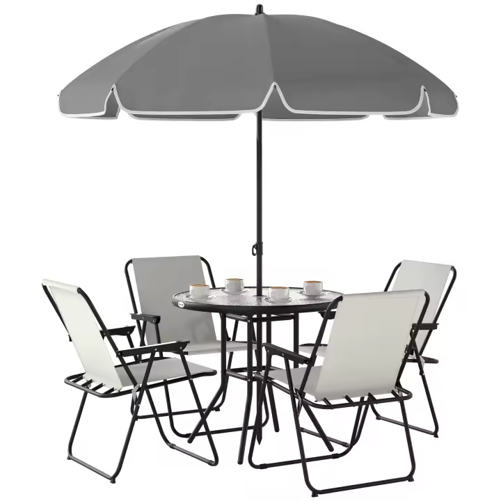 Outsunny Conjunto de Mesa y Sillas Jardín de 6 Piezas Muebles de Jardín Exterior con 4 Sillas Plegables Mesa de Vidrio y Sombrilla para Terraza Patio - 1