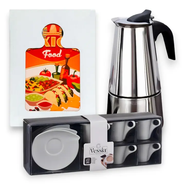 Pack de Cafetera Italiana de Acero Inoxidable 12 Tazas + Salvamantel de Corcho y Cerámica + Set 6 Tazas de Porcelana Blanca Set de Café y Té - WIAAM,AM3 - 1