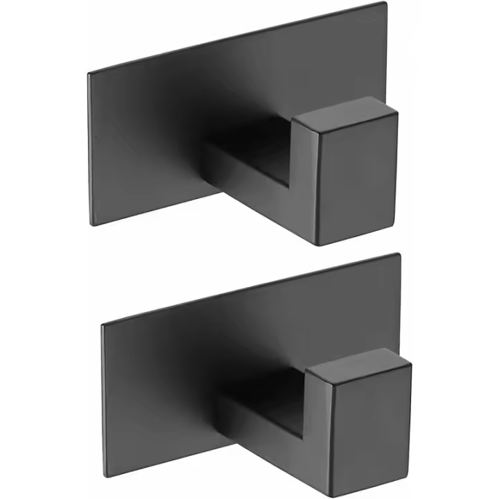 Gancho para toallas de 2 piezas, gancho para baño montado en la pared, ganchos autoadhesivos para el hogar de 3M, acero inoxidable SUS 304, cuadrado negro mate - 1
