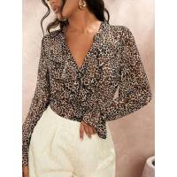 Camisa Leopardo Impresión V-Neck Botones Talla Grande Moda Casual Para Mujer Ropa Oficina Blusa Adecuada Para Edad Media - details 2