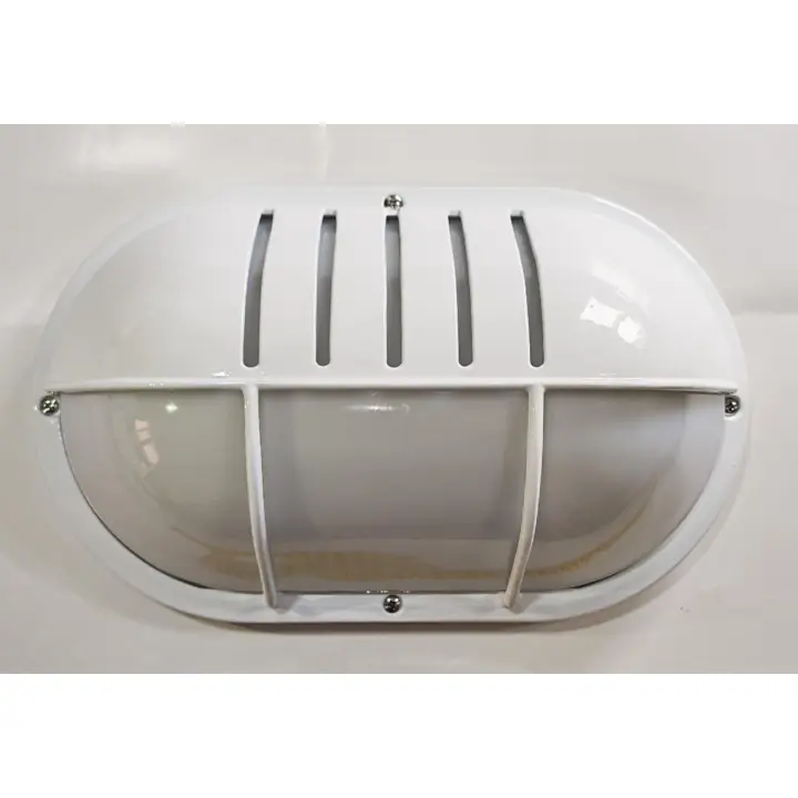 Aplique ovalado blanco con rejilla y visera, lámpara de Aluminio y cristal, de gran calidad para exteriores,  jardines, patios y terrazas. Marca Simon - 1