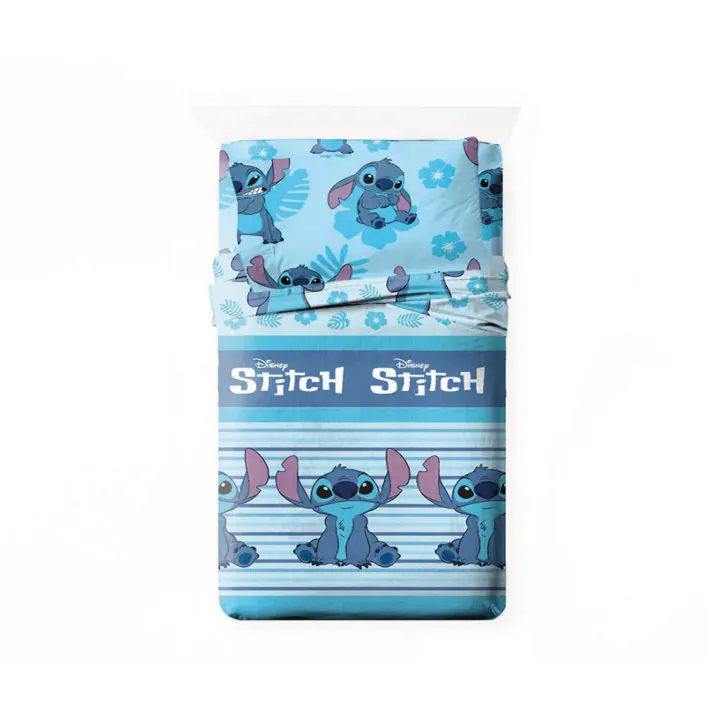 Stitch - Juego de Sábanas Verano Stitich Azul Disney (3 piezas: encimera, bajera y funda de almohada) Oficial, Stich - 1