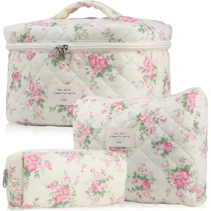 Bonita Bolsa de maquillaje para Mujer (3 Unidades), Diseño floral, ideal para Viajes, Organizador de artículos de tocador. - 1