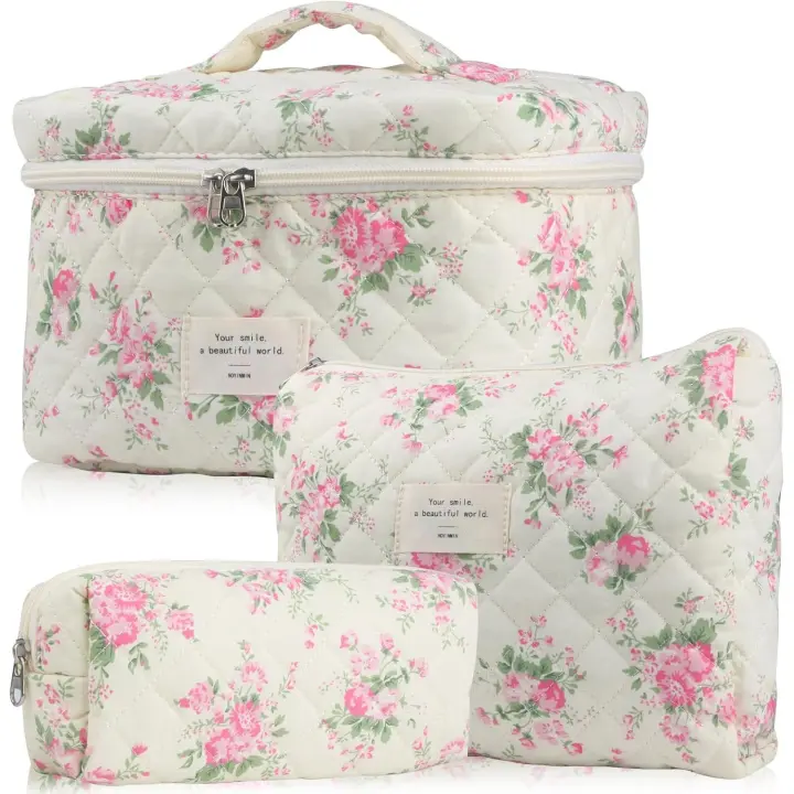 Bonita Bolsa de maquillaje para Mujer (3 Unidades), Diseño floral, ideal para Viajes, Organizador de artículos de tocador. - 1