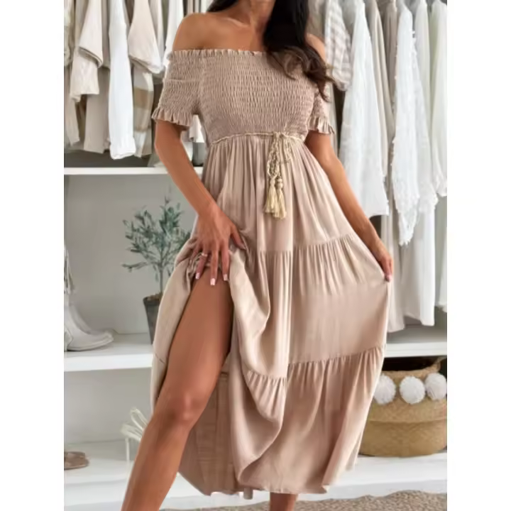 Vestido De Una Pieza Casual Para Mujer Con Cintura Y Tirantes De Color Sólido De Polyester Cómodo Y De Manga Corta De S a XXL - 1