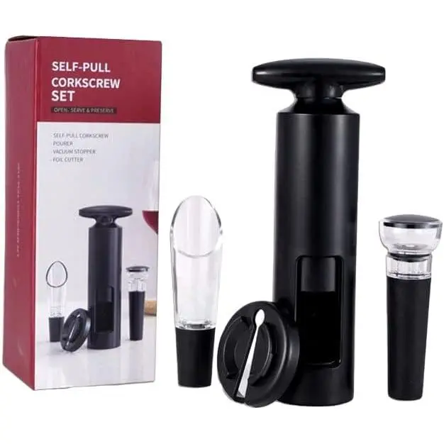 Juego de sacacorchos para vino, sacacorchos manual con cortador de papel de aluminio, abridor de botellas de vino multifuncional (negro) - 1