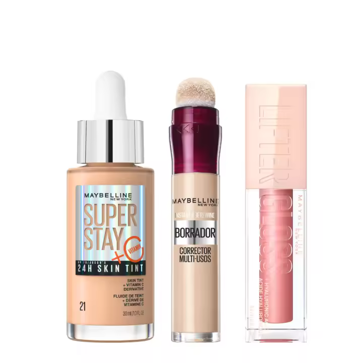 Maybelline New York | Pack con nuestros favoritos, la base de maquillaje ligera Skin Tint, en Tono 21, el borrador corrector multiusos, en Tono Light, y el labial Lifter Gloss, en tono Moon - 1