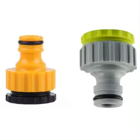 2 piezas de nariz de grifo hembra de 1/2" y 3/4" - Conectores universales para manguera de jardín (gris y amarillo) - 1