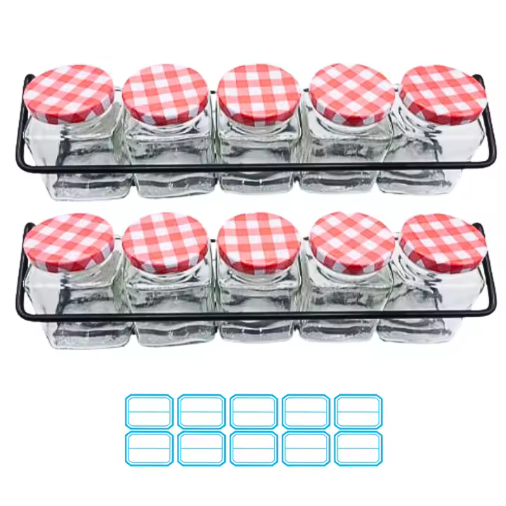MundoTarros - 2 Especieros Negros de Metal + 10 Botes Cuadrados de Cristal de 120 gramos de capacidad con Tapas Metálicas - Estante Colgante de Metal para Condimentos con 10 Tarros de Cristal - 1